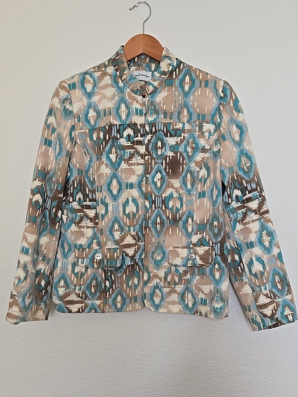 Alfred Dunner Turquoise, Beige & Brown Ikat-Print Jacket